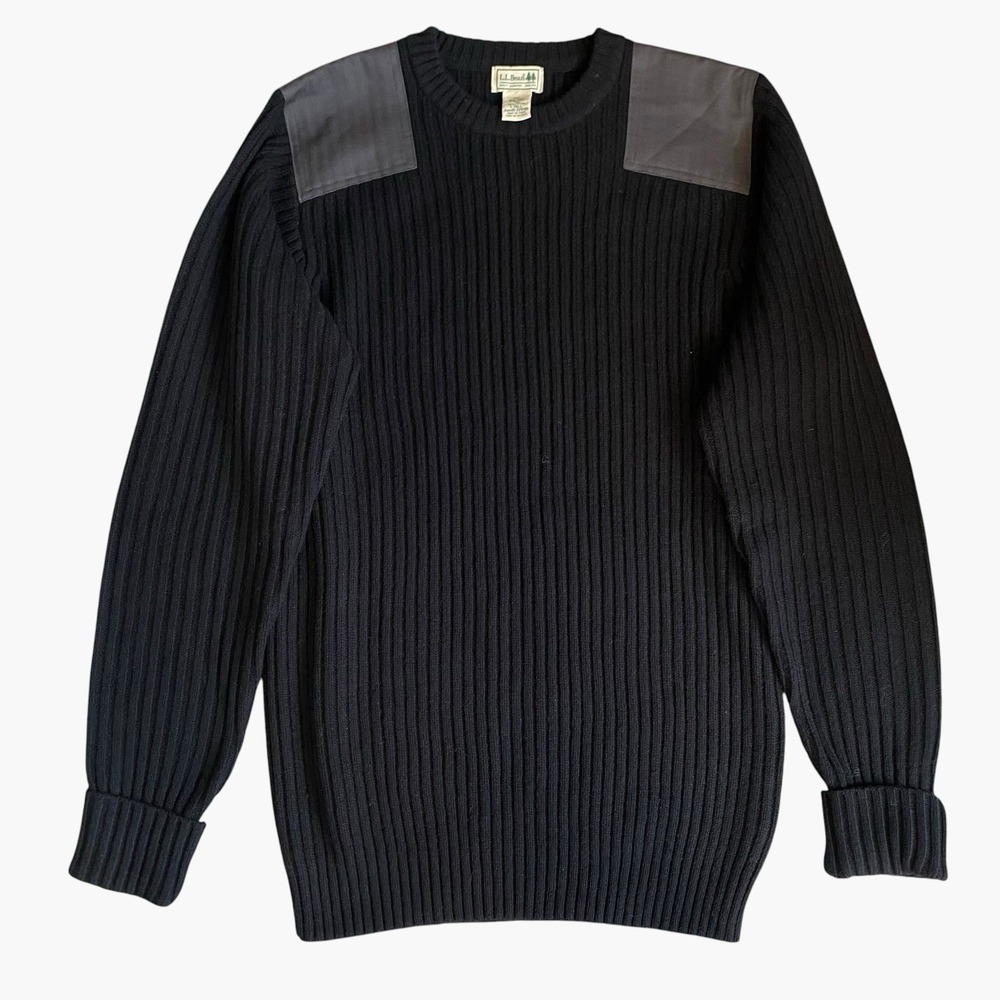 LL Bean Lambswool Ribbed Knit Commando Sweater Men L Tall Black Utility Tactical